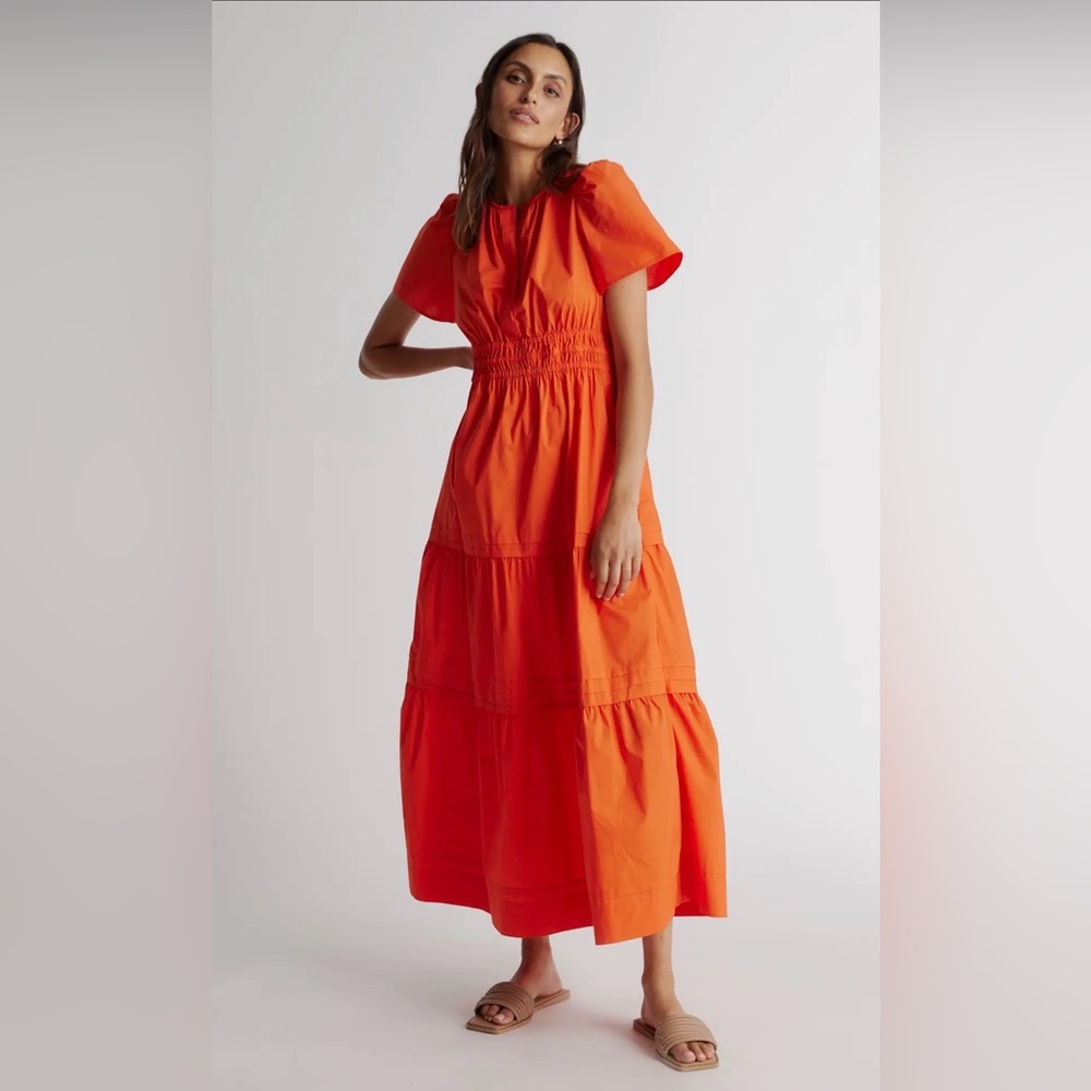 Quince Organic Poplin Tiered Maxi Dress Vermillion Red Smocked Waist Summer